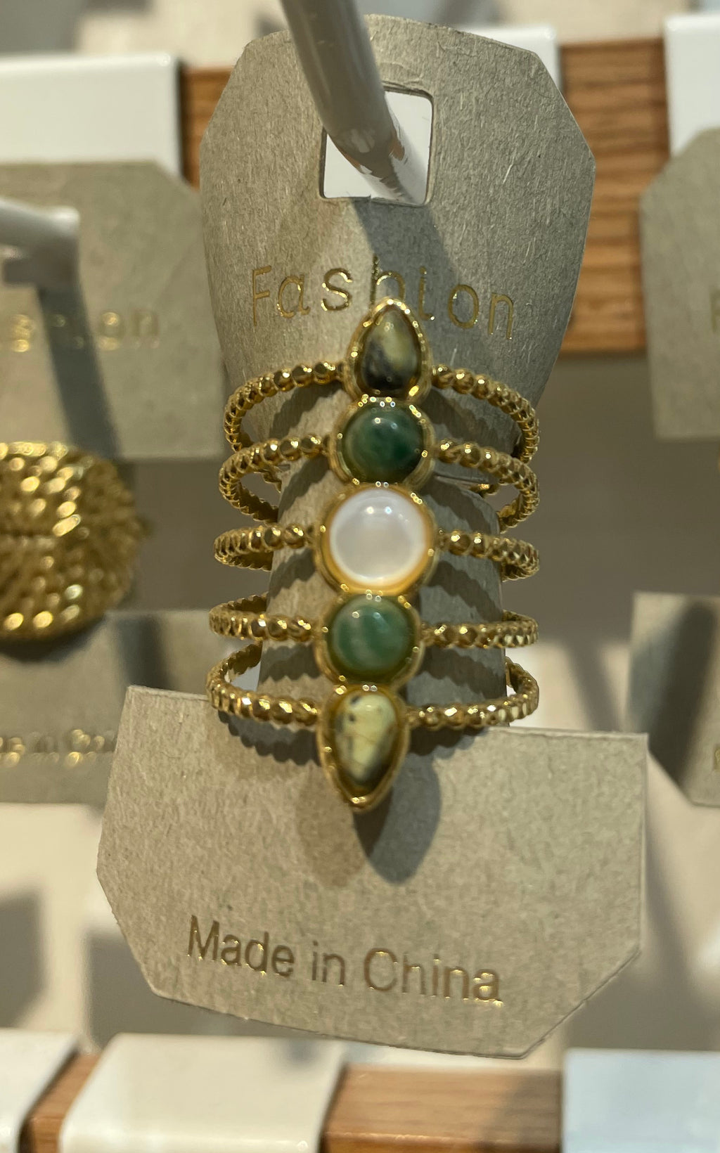 Green Stone and Pearl Ring - W1-0114