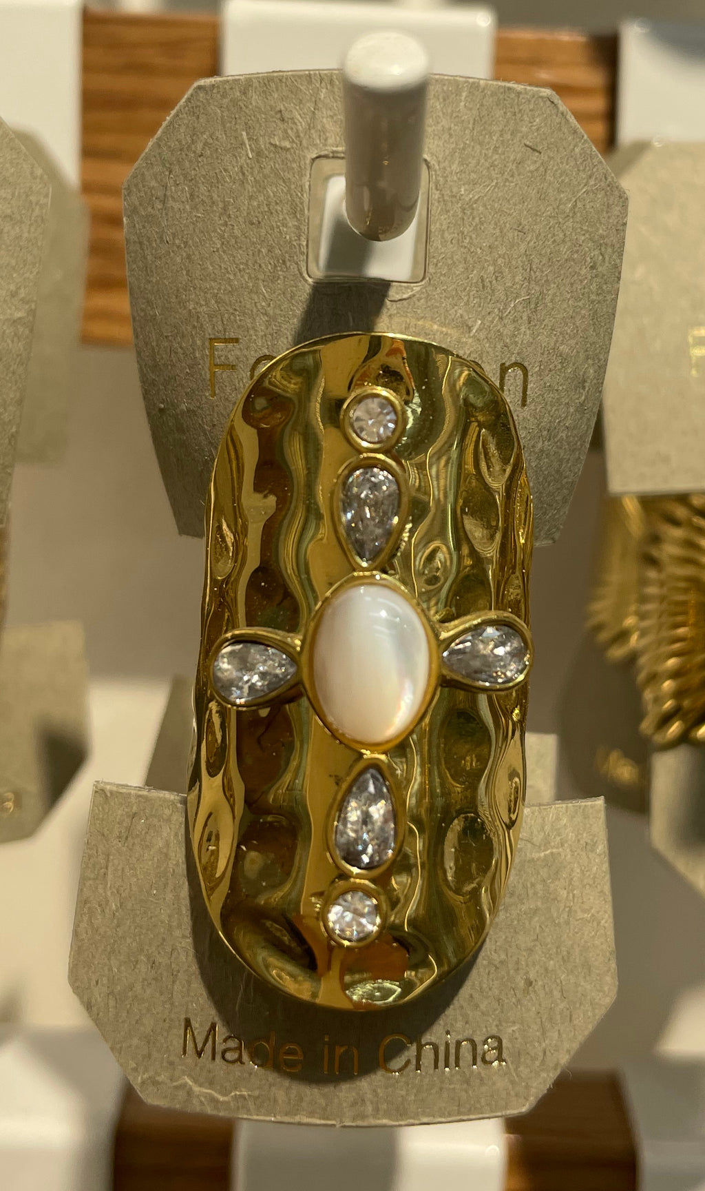 Pearl and Crystal Shield Ring - W1-0168