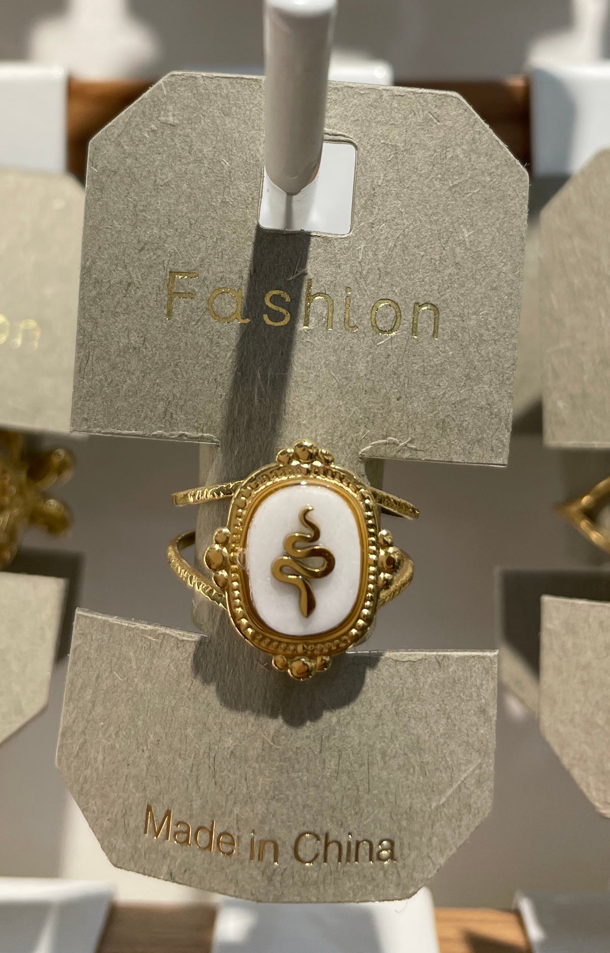 White Oval Snake Motif Ring - W1-0221
