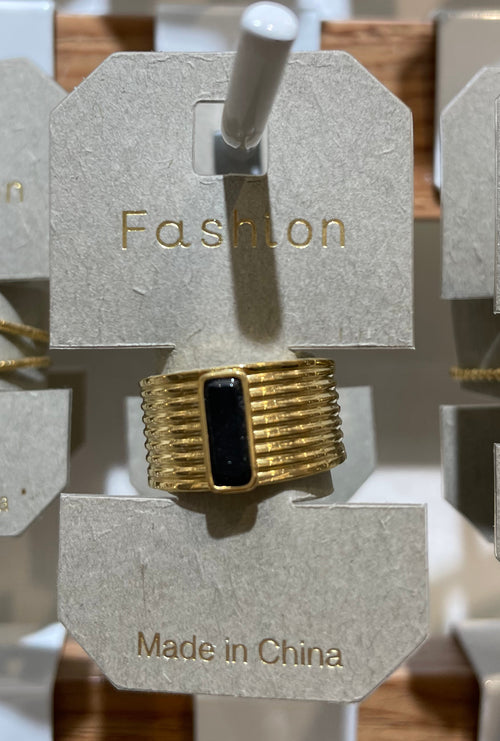 Black Bar Ribbed Band Ring - W1-0250