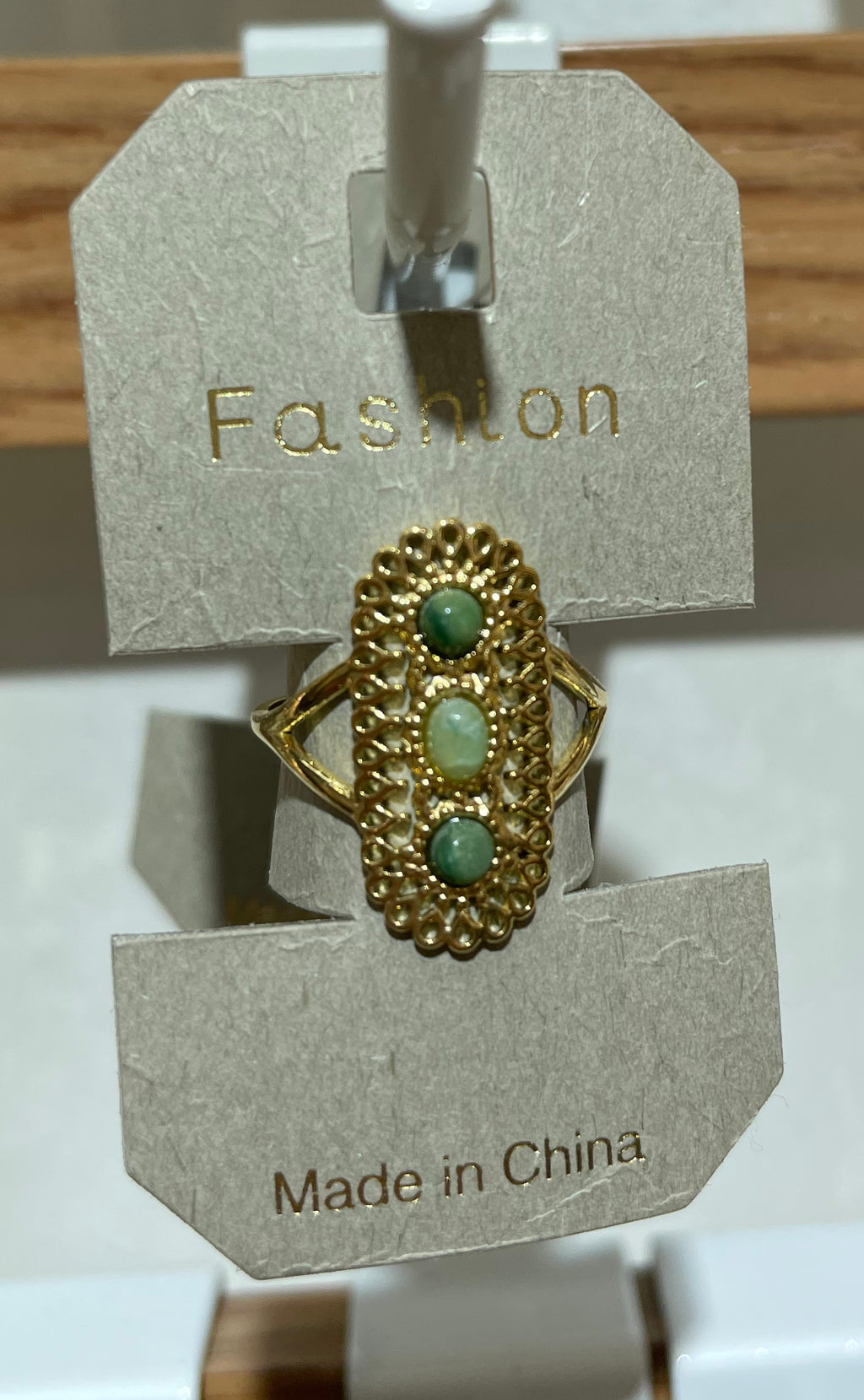 Green Triple Stone Ornate Ring - W1-0296