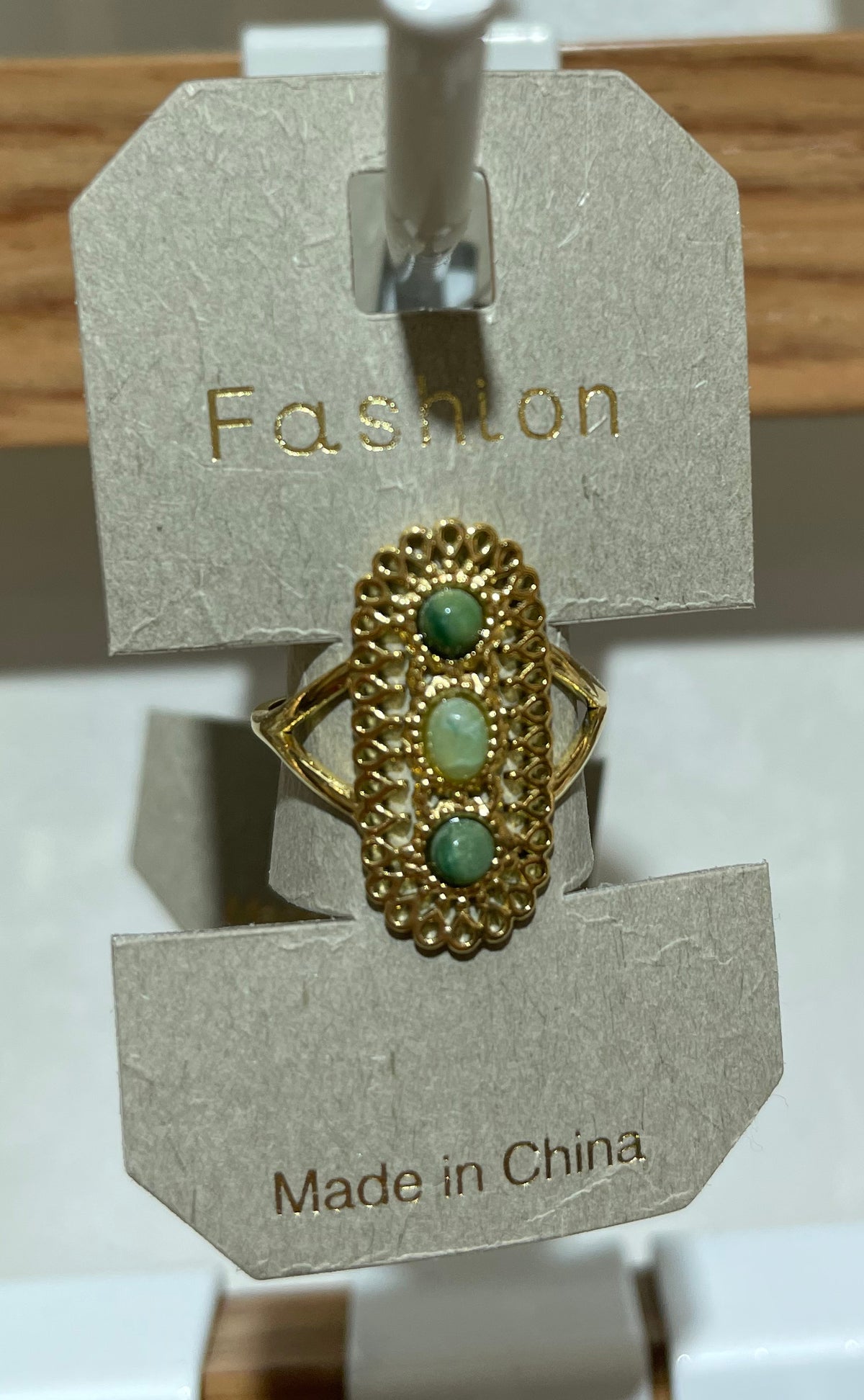 Green Triple Stone Ornate Ring - W1-0296