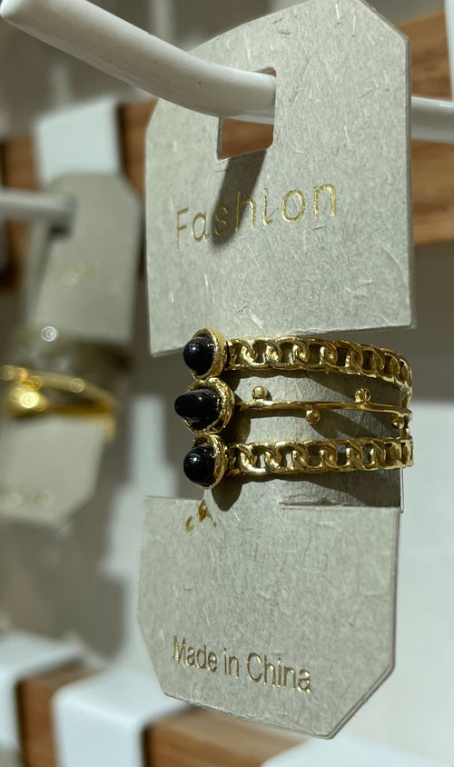 Black Bead Mixed Chain Ring - W1-0425