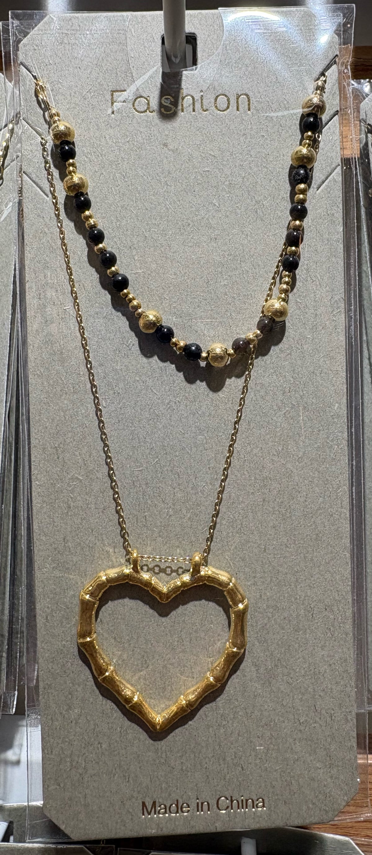 Layered Bead Open Heart Necklace - W14-0011