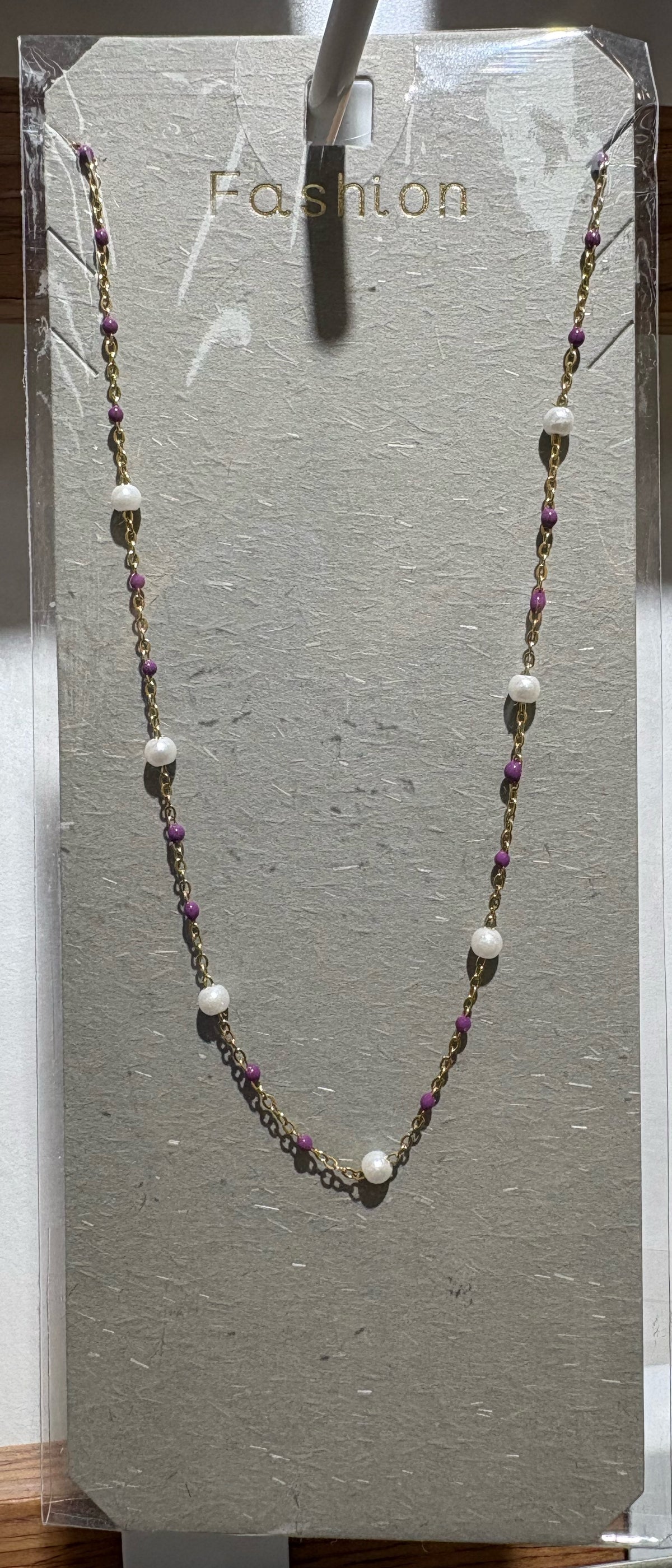 Purple Chain White Bead Necklace - W14-0085