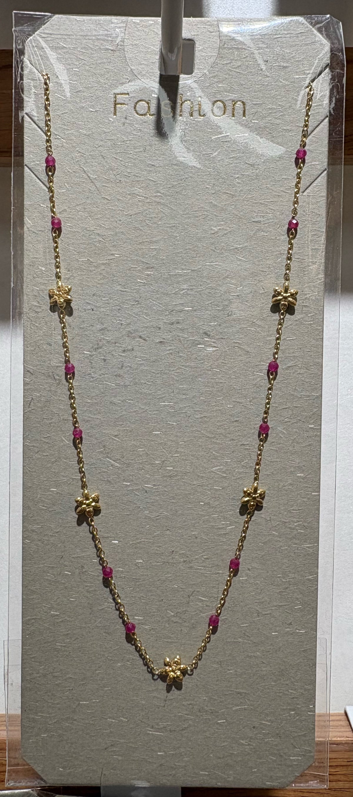 Pink Bead Flower Charm Necklace - W14-0086