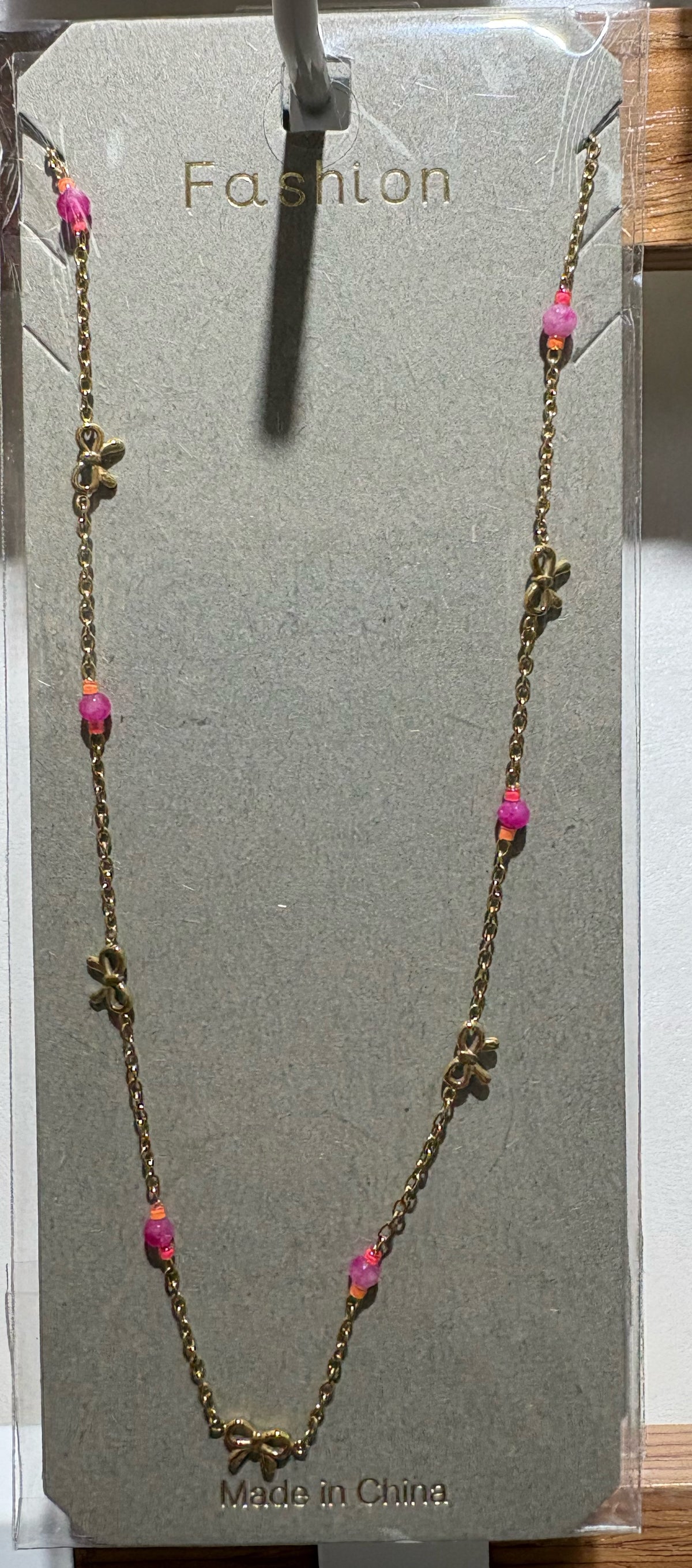 Pink Bead Bow Charm Necklace - W14-0101