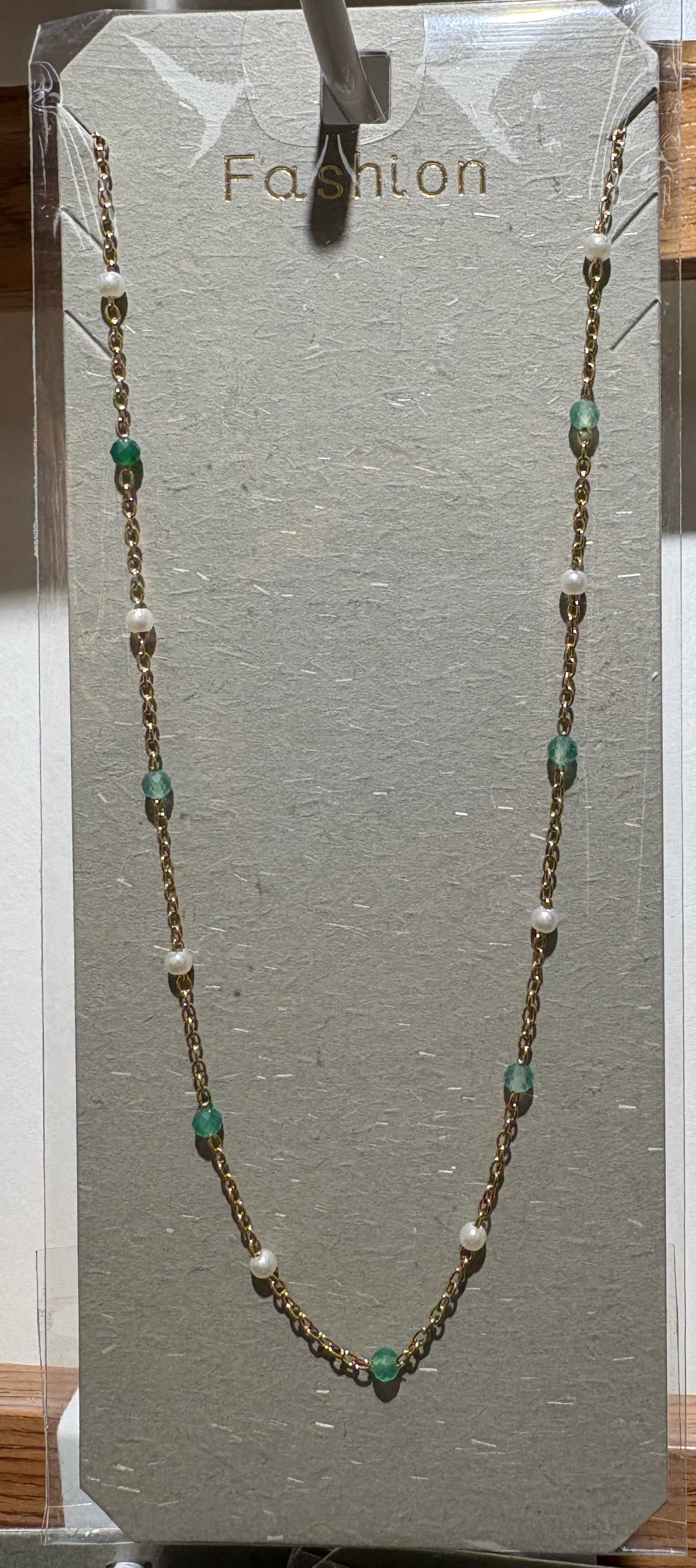 Green White Bead Chain Necklace - W14-0105