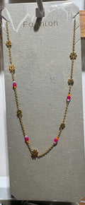 Pink Bead Floral Charm Necklace - W14-0106