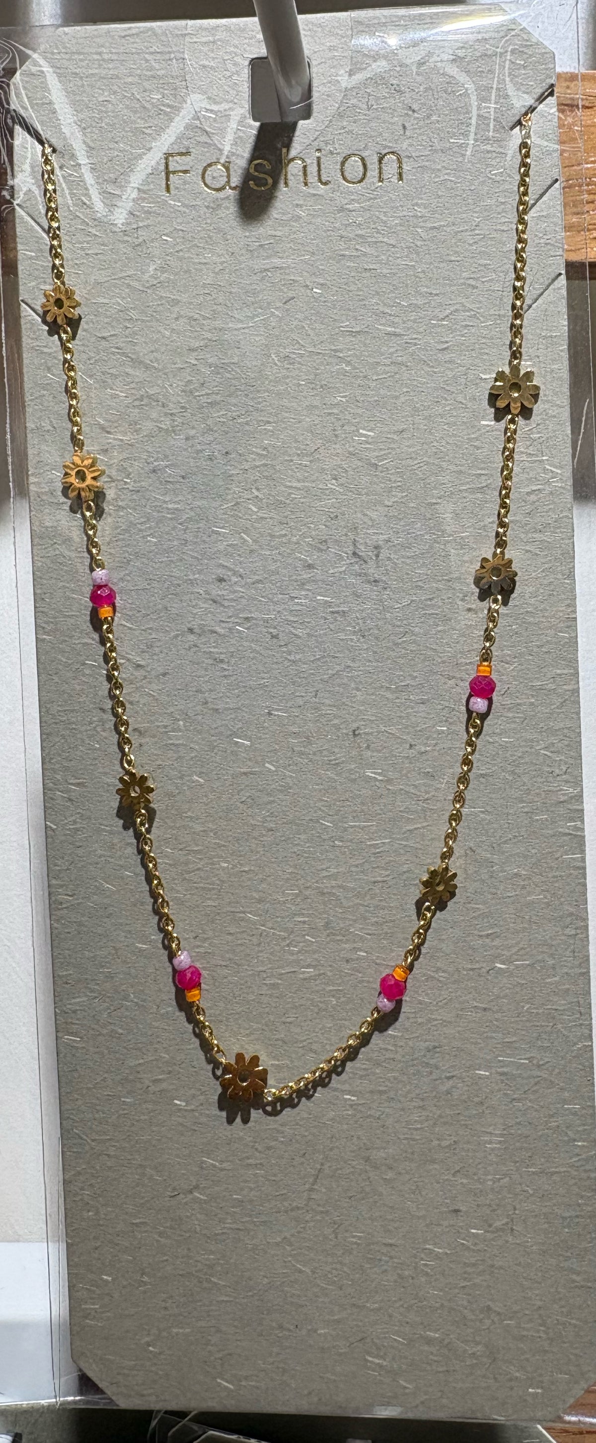 Pink Bead Floral Charm Necklace - W14-0106