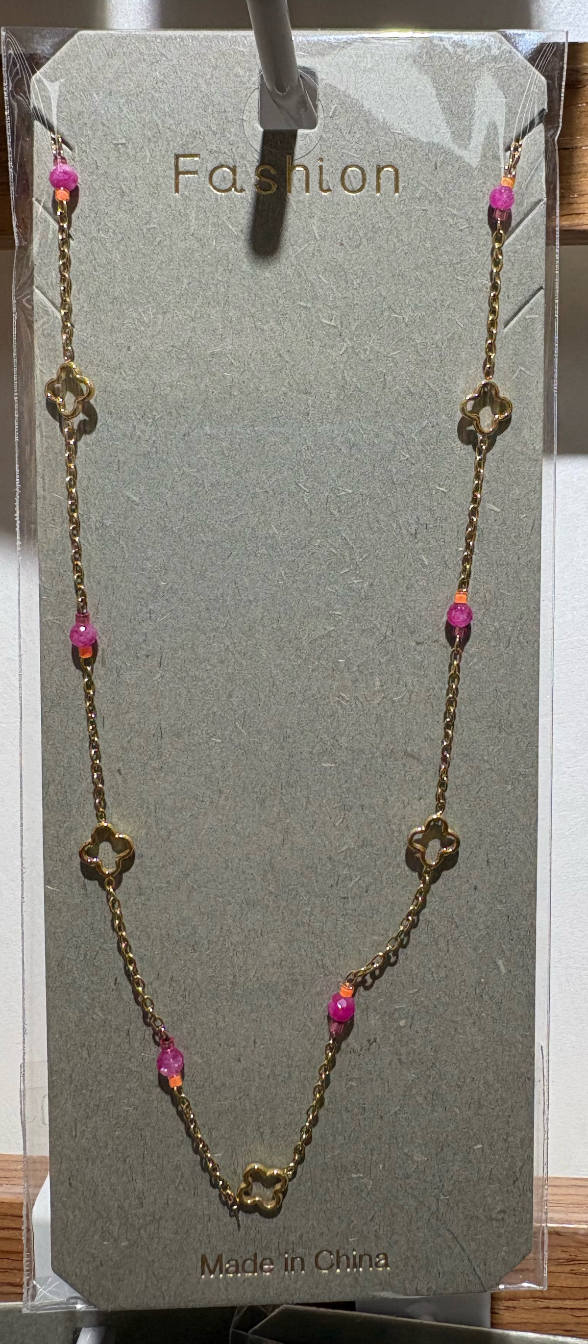 Pink Bead Clover Charm Necklace - W14-0117