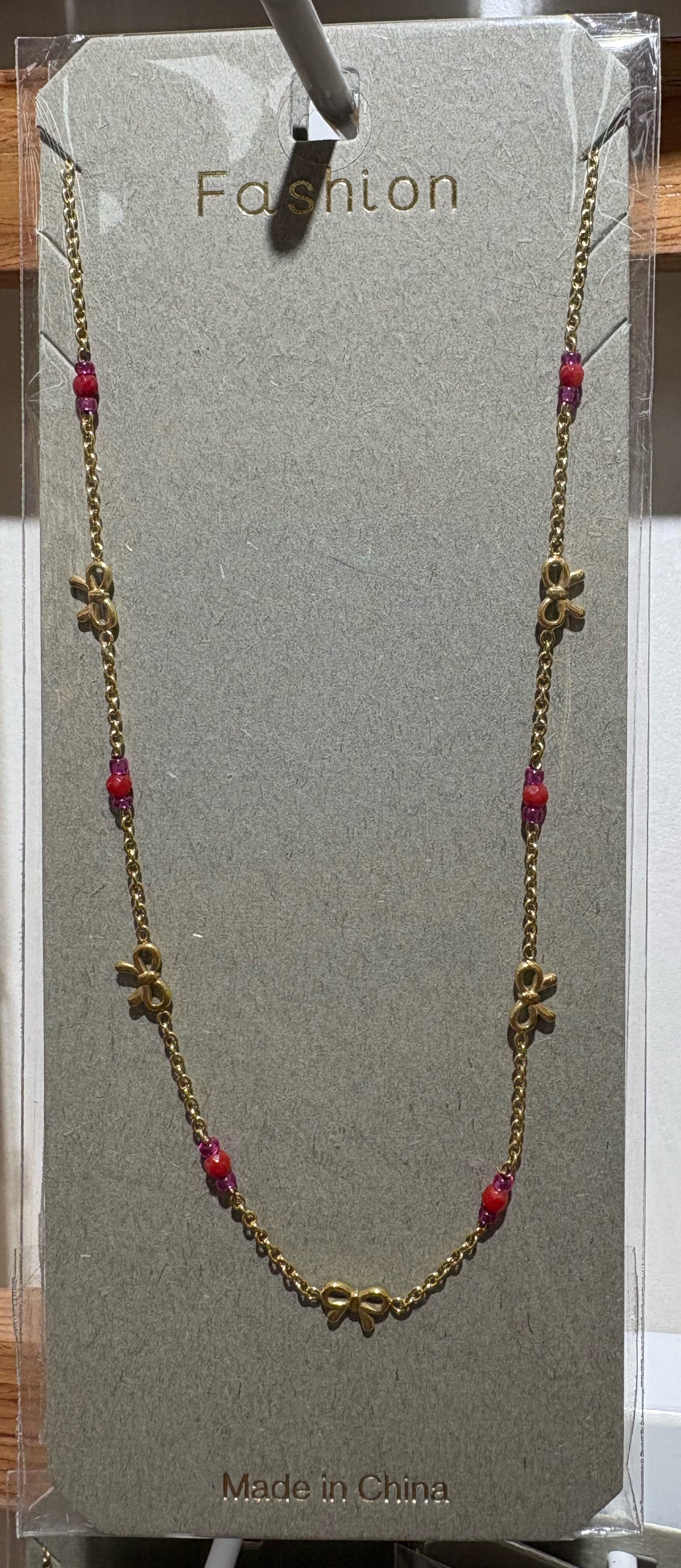 Pink Bead Bow Station Necklace - W14-0125
