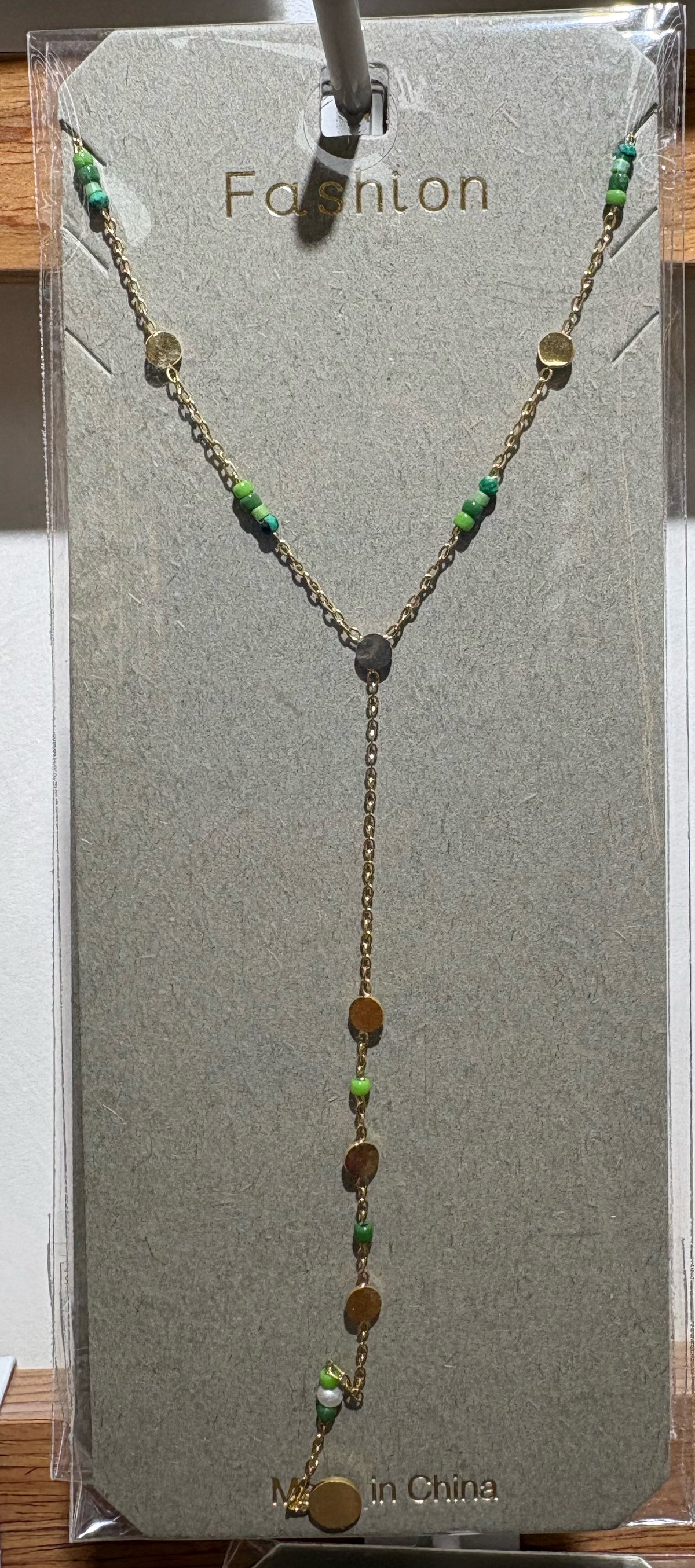 Green Bead Disc Lariat Necklace - W14-0134