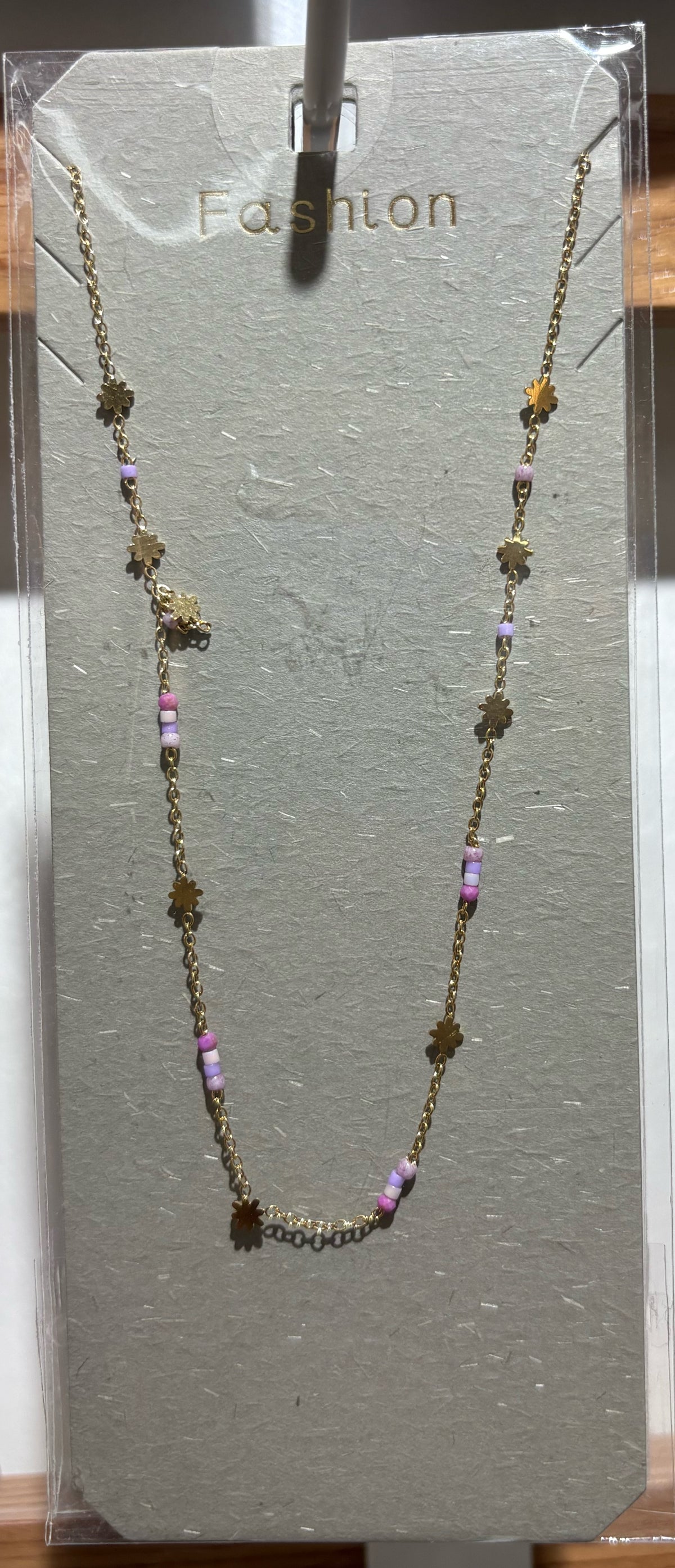 Purple Bead Flower Charm Necklace - W14-0163