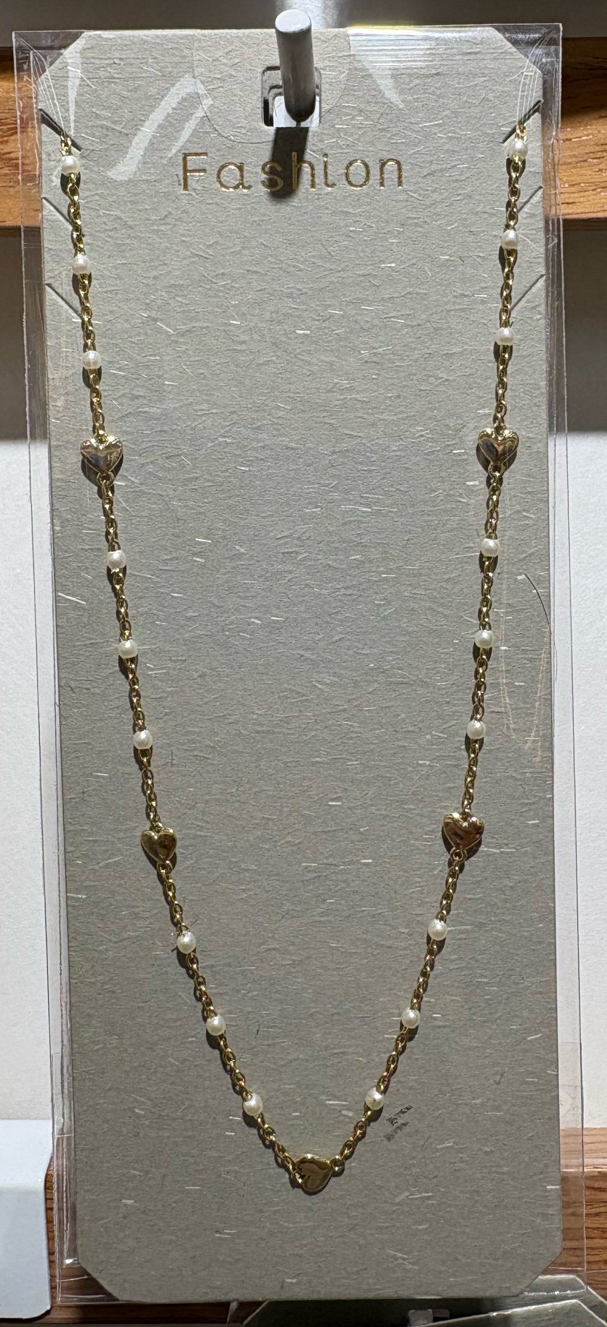 White Bead Heart Station Necklace - W14-0181