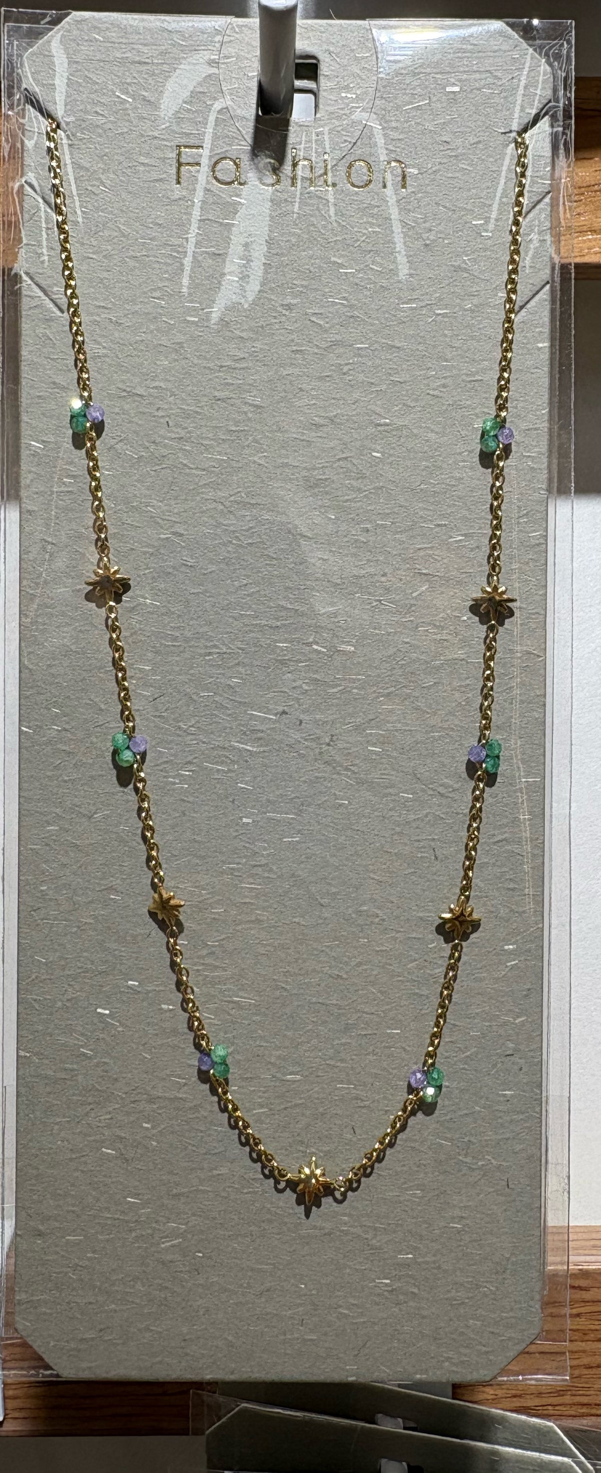 Green Bead Flower Chain Necklace - W14-0204