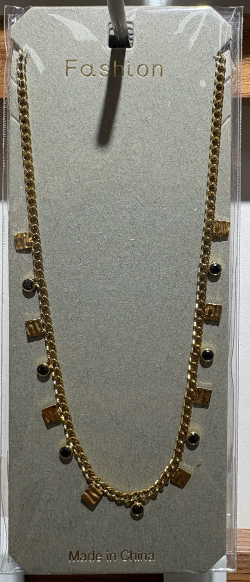 Black Bead Square Charm Necklace - W14-0226