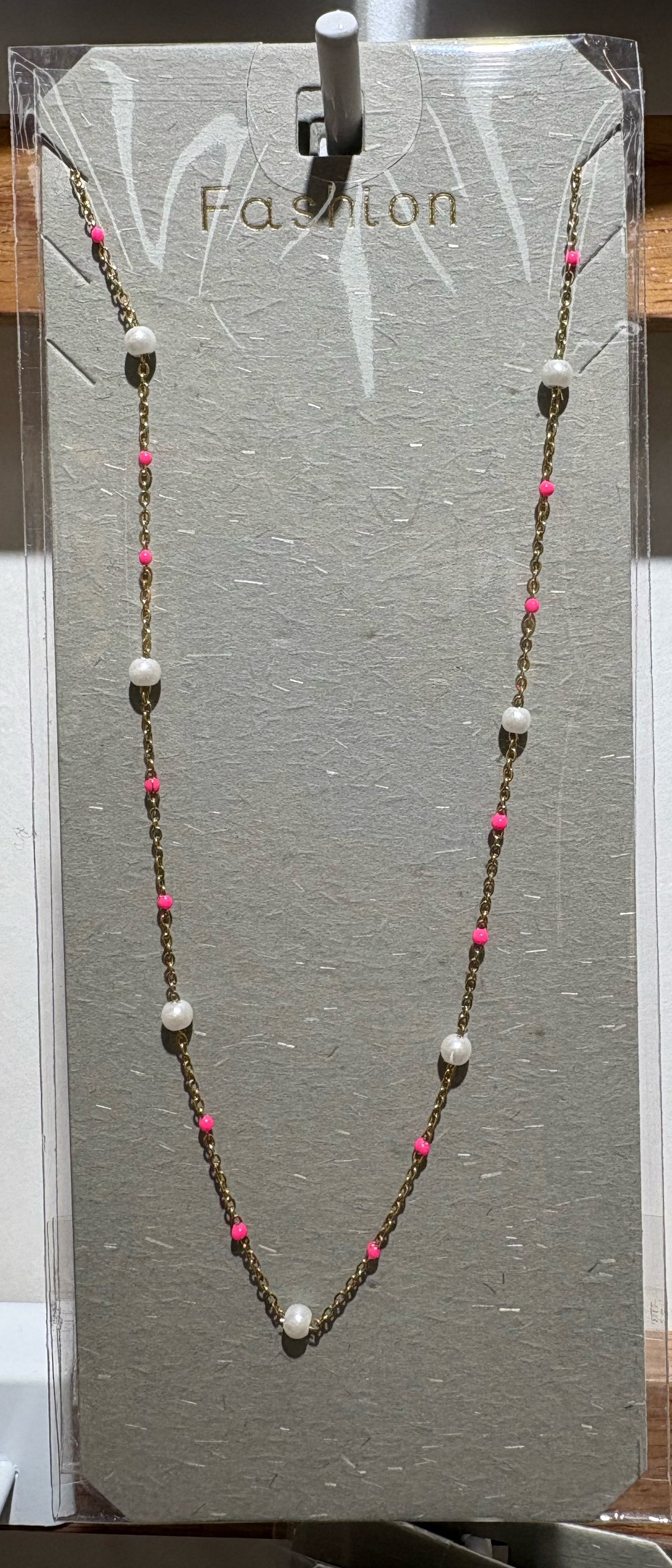 Pink White Bead Chain Necklace - W14-0233