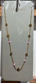 Pink Bead Flower Station Necklace - W14-0245