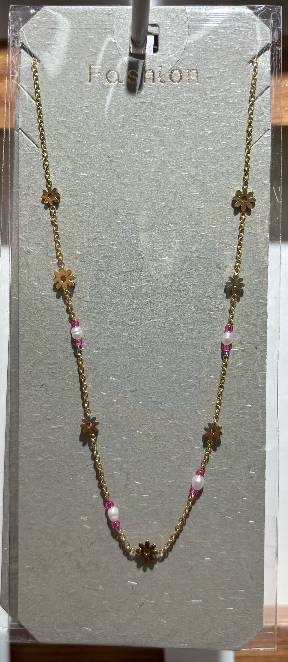 Pink Bead Flower Station Necklace - W14-0245