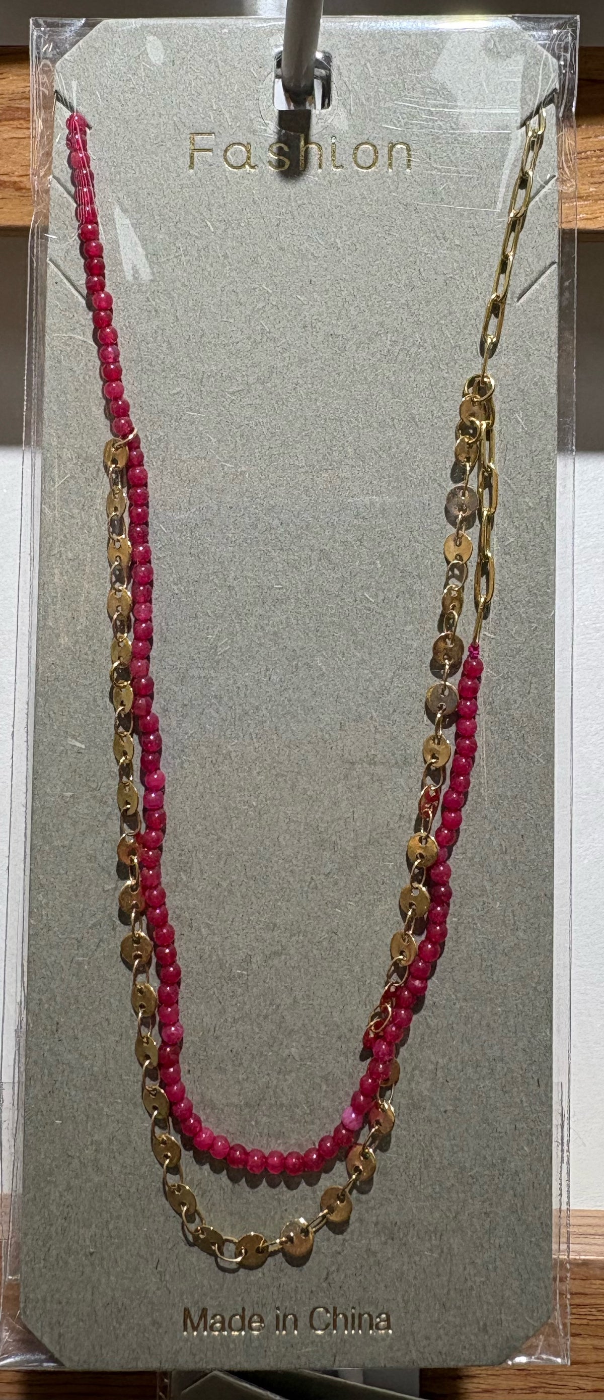 Layered Pink Bead Chain Necklace - W14-0267