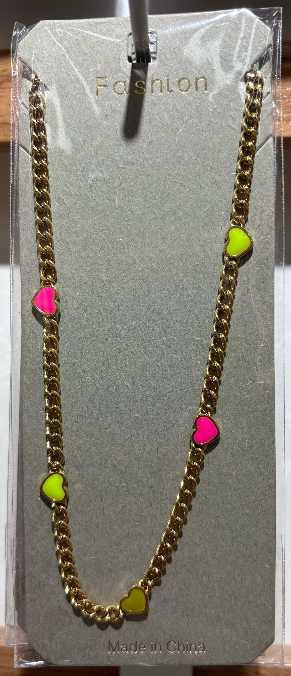 Pink Green Heart Chain Necklace - W14-0281