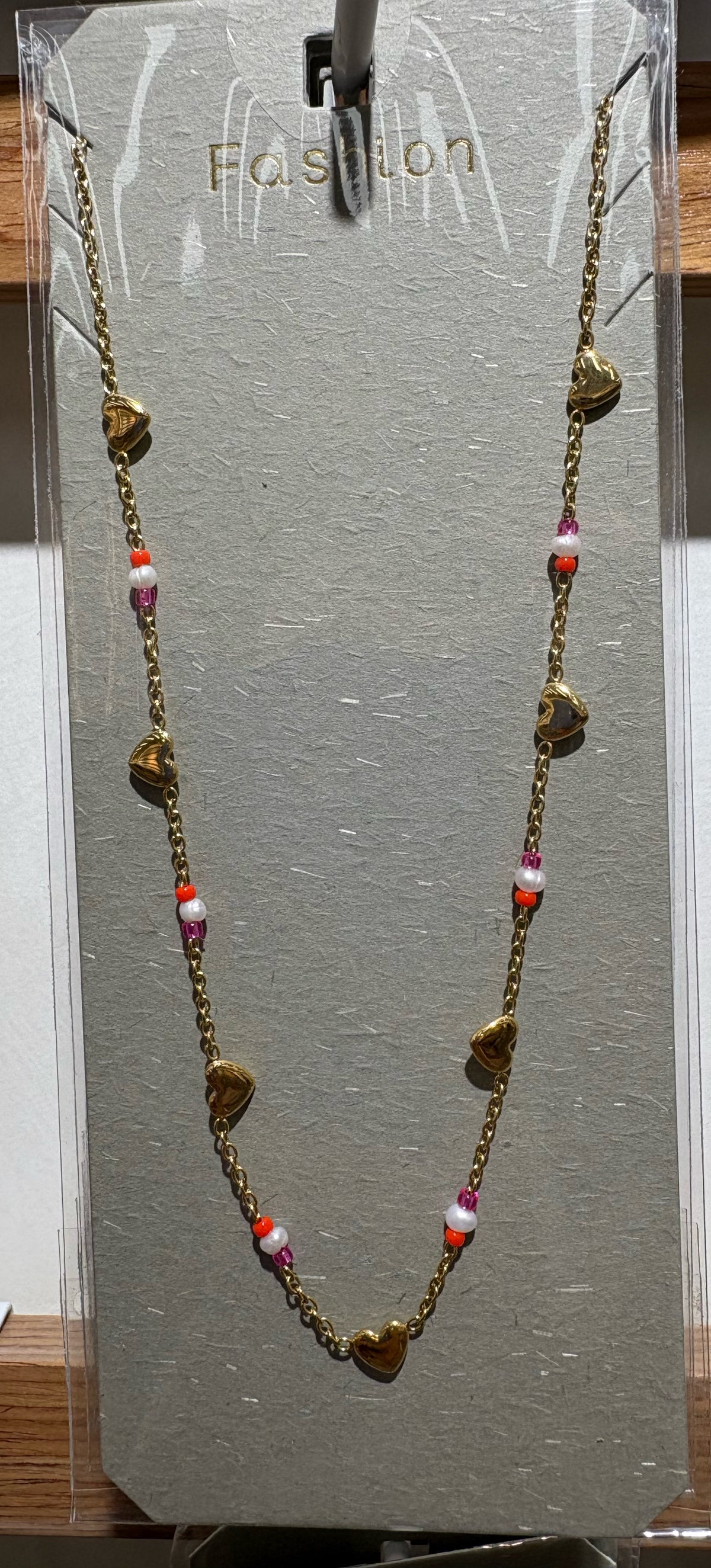 Pink White Bead Heart Necklace - W14-0293