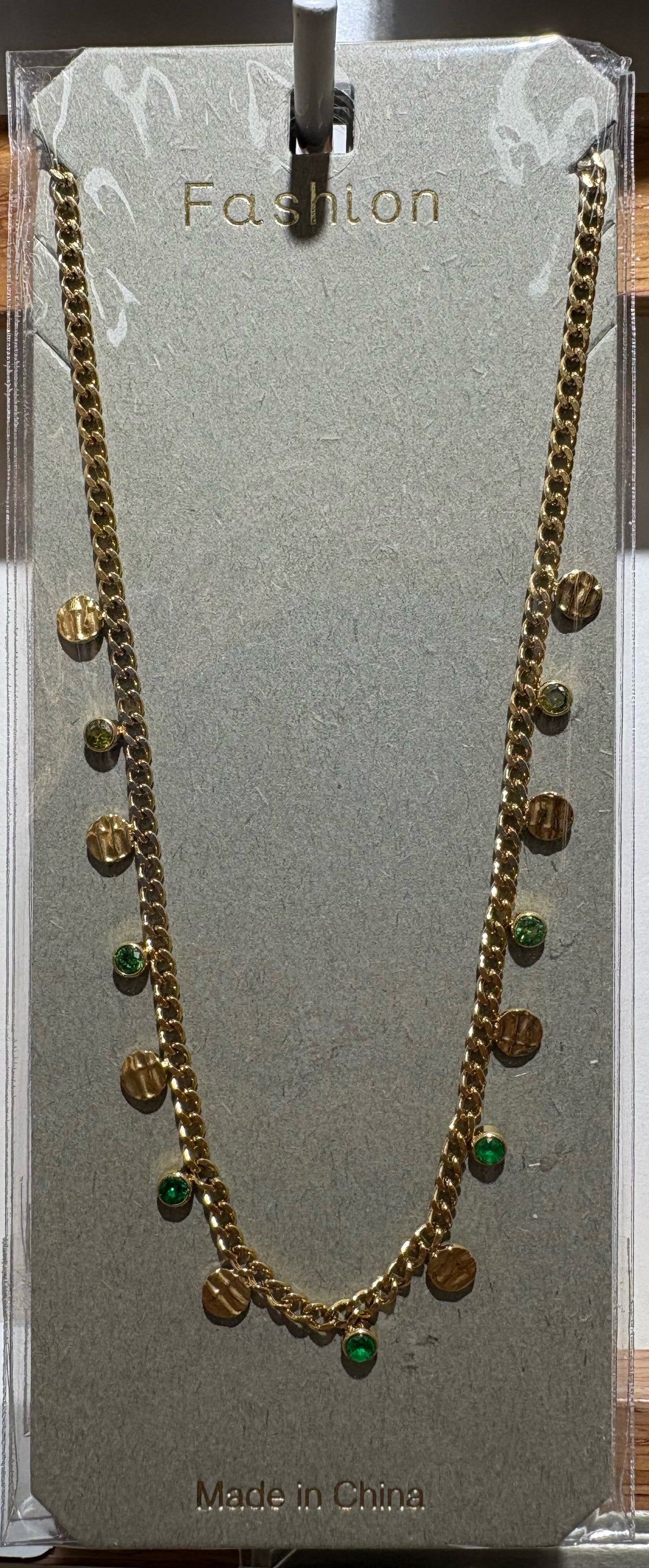 Green Bead Disc Fringe Necklace - W14-0299