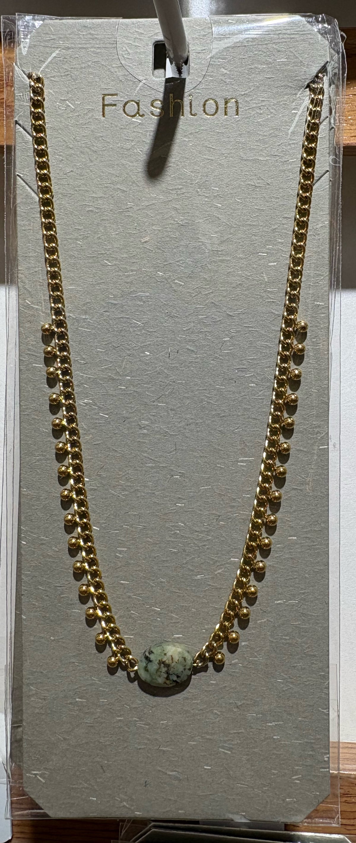Green Striped Bead Chain Necklace - W14-0306