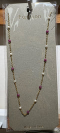 Purple White Bead Chain Necklace - W14-0323