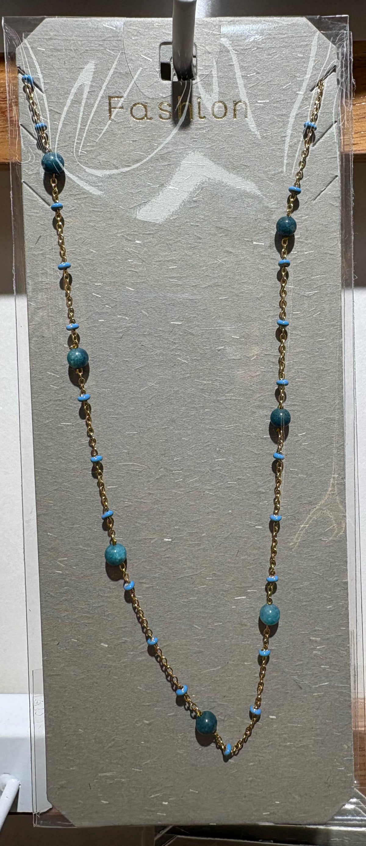 Blue Bead Station Chain Necklace - W14-0326