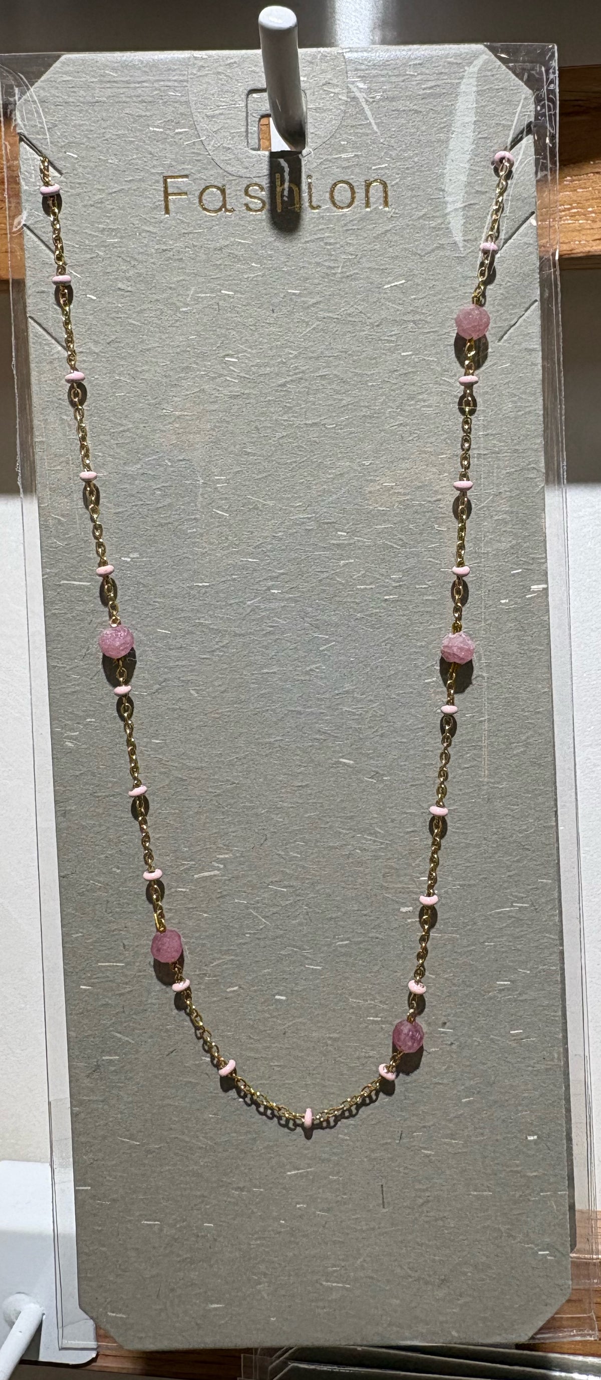 Pink White Bead Station Necklace - W14-0329