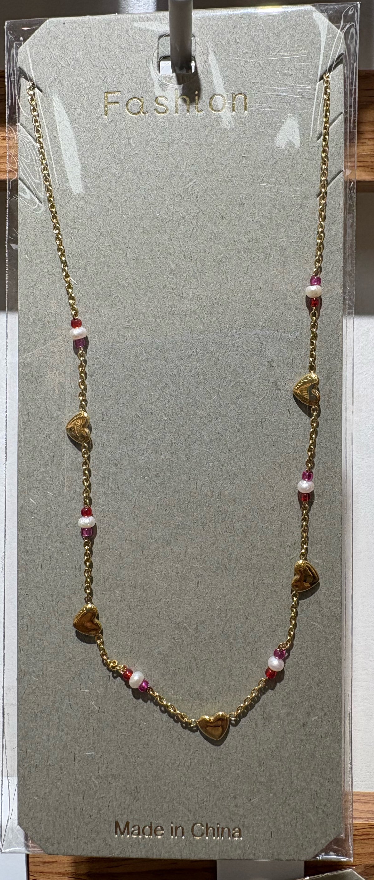 Pink Bead Disc Charm Necklace - W14-0348