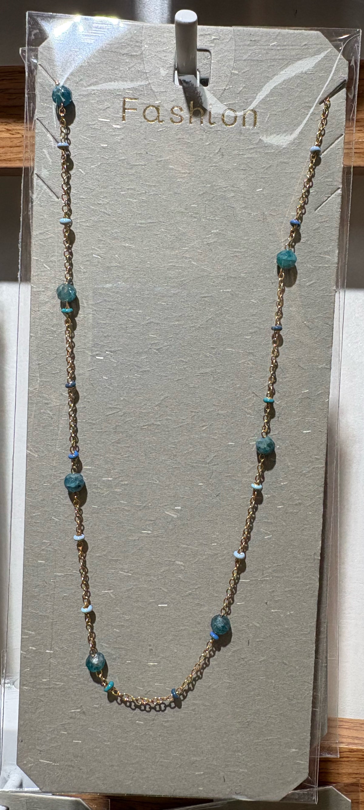 Blue Bead Long Chain Necklace - W14-0354