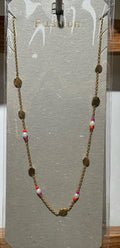 Pink Bead Coin Necklace - W14-0380