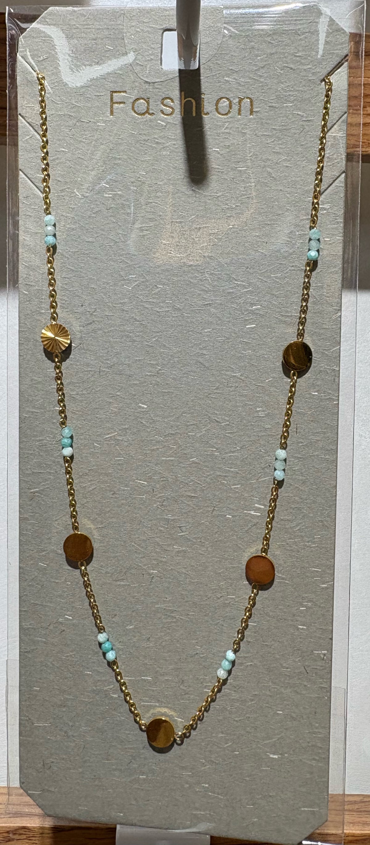 Aqua Bead Coin Necklace - W14-0381