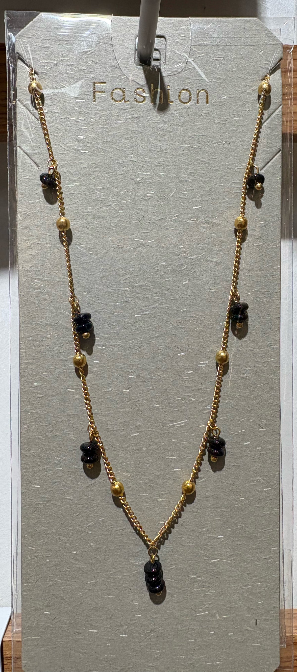 Black Bead Fringe Necklace - W14-0388