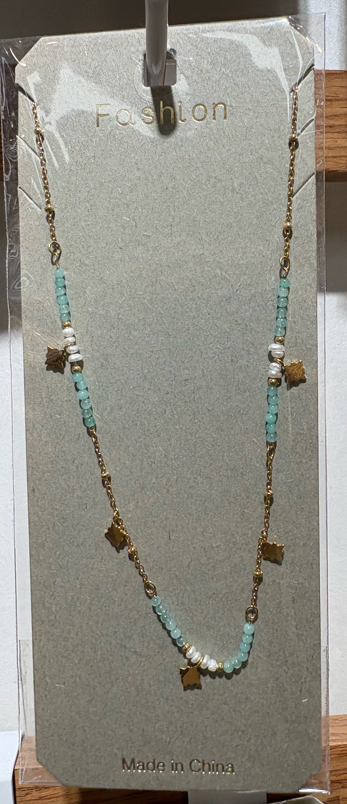 Aqua Bead Star Charm Necklace - W14-0400