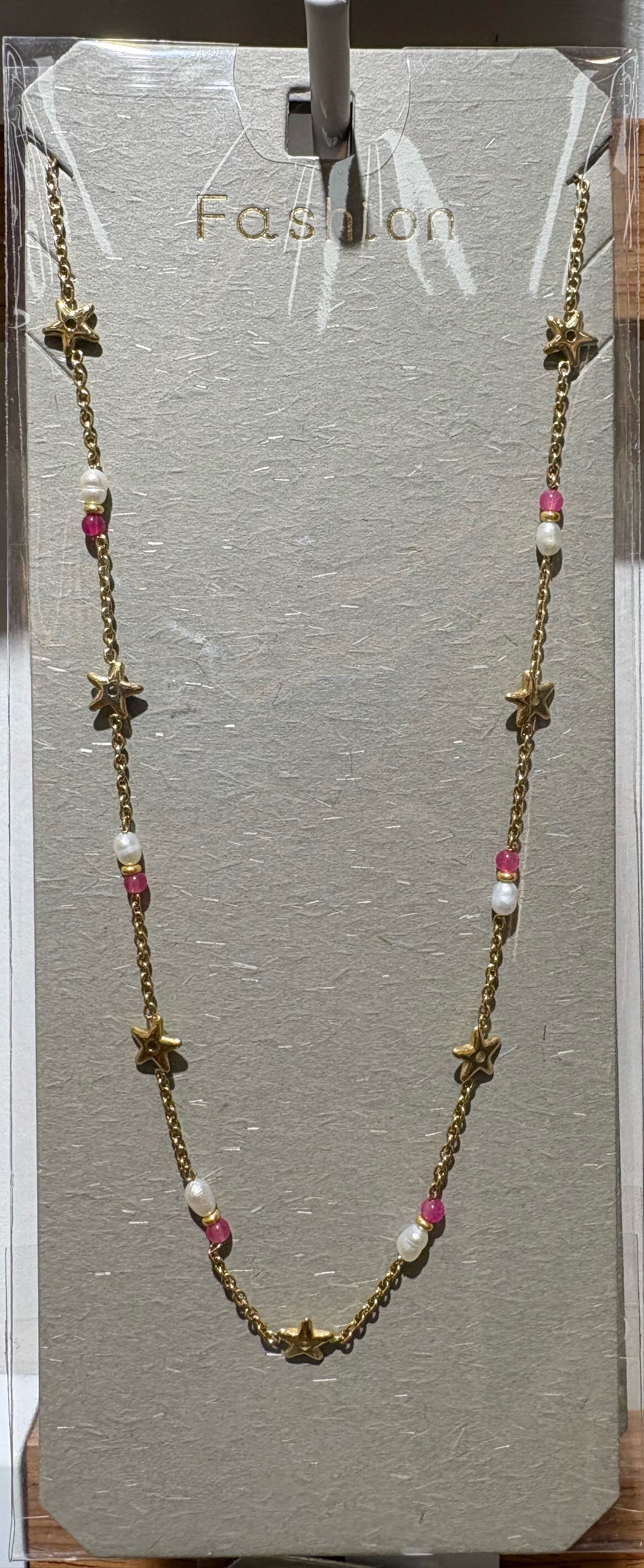 Pink Bead Star Necklace - W14-0404
