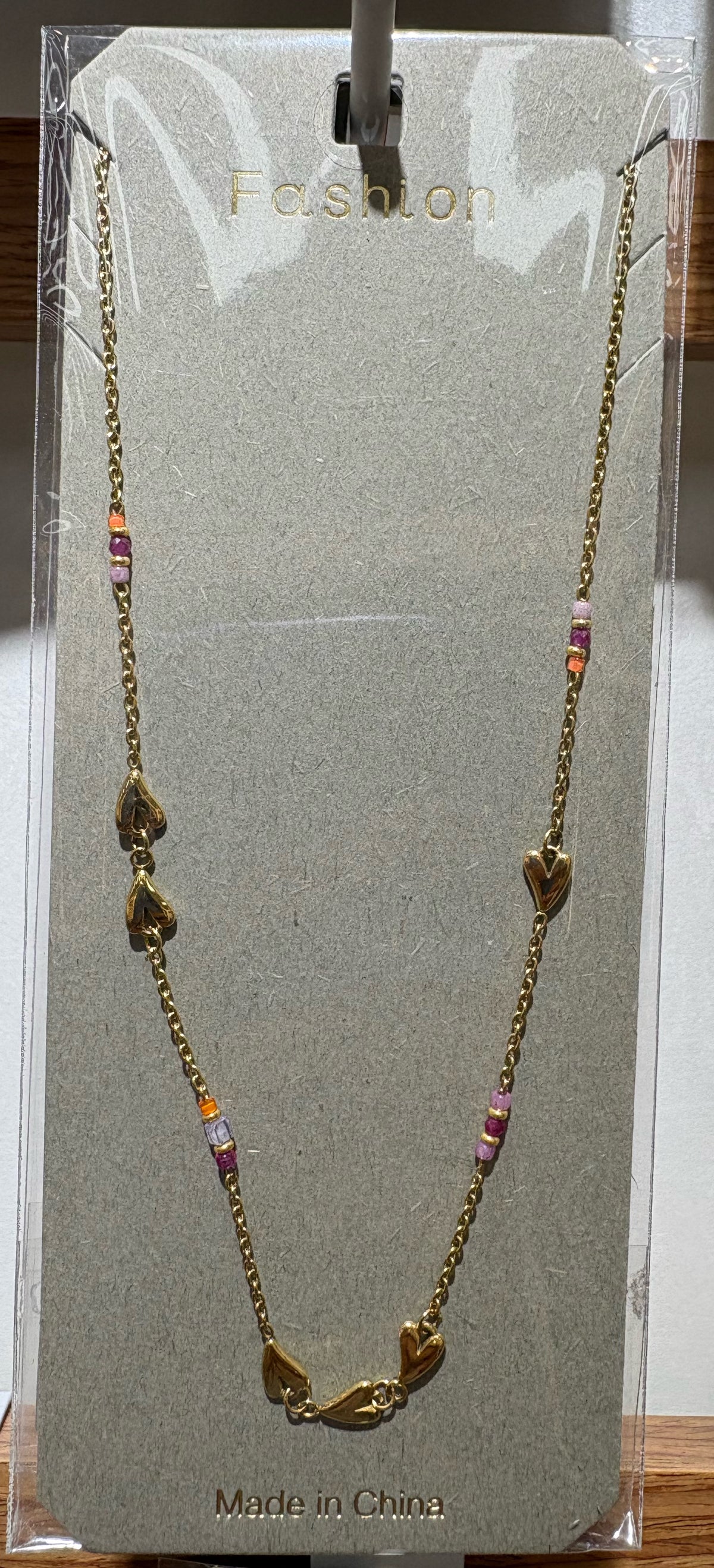 Pink Bead Leaf Charm Necklace - W14-0412