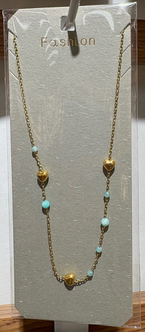 Aqua Bead Heart Necklace - W14-0413
