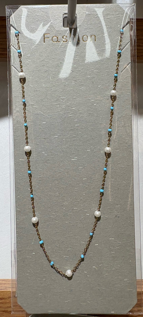 Aqua and White Bead Necklace - W14-0432