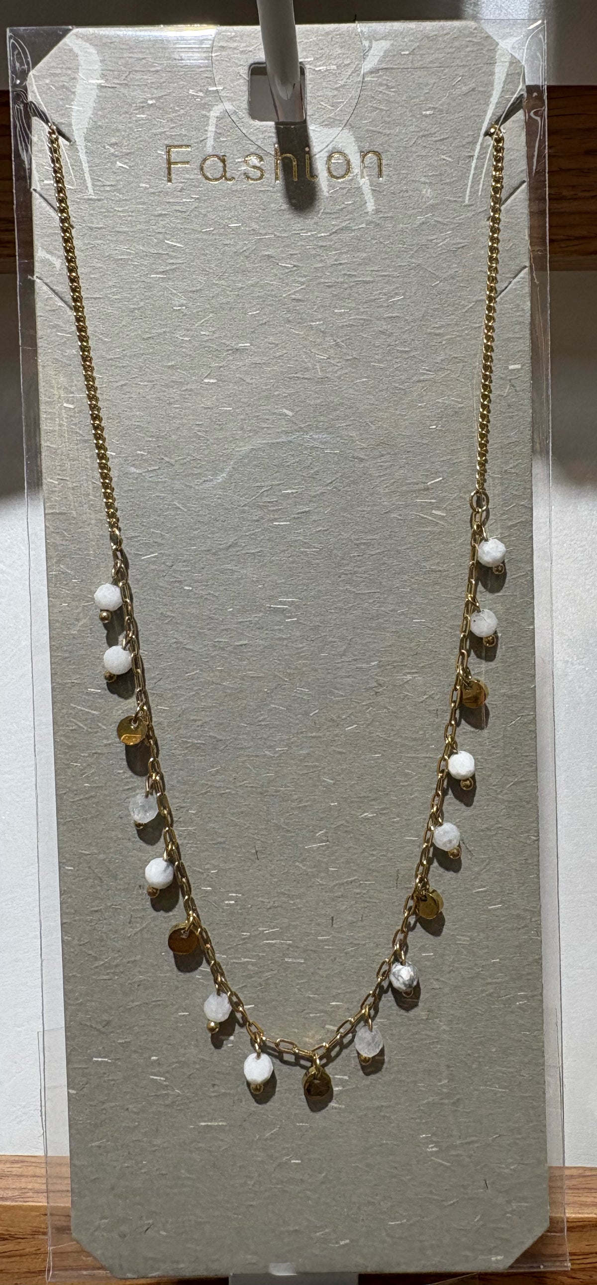 White Bead Disc Fringe Necklace - W14-0440