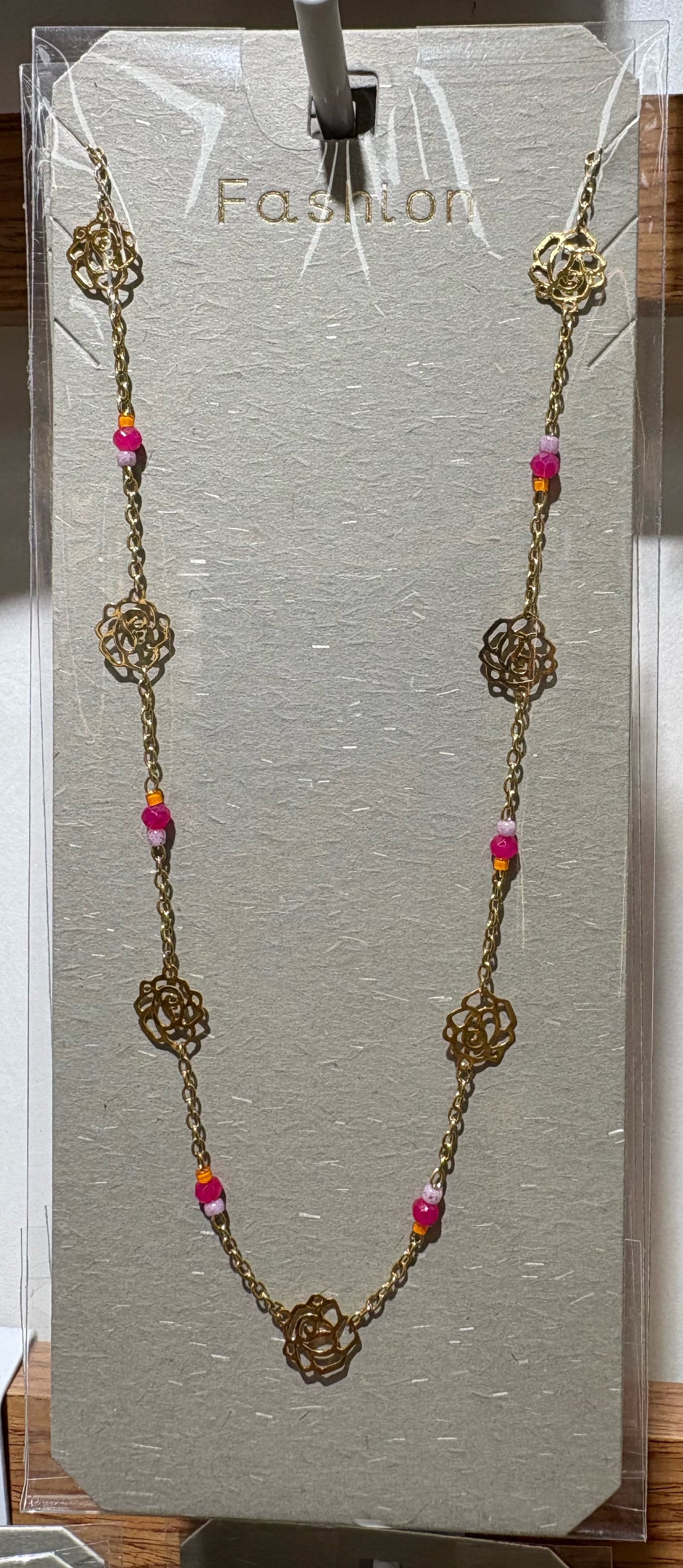 Pink Bead Filigree Necklace - W14-0441