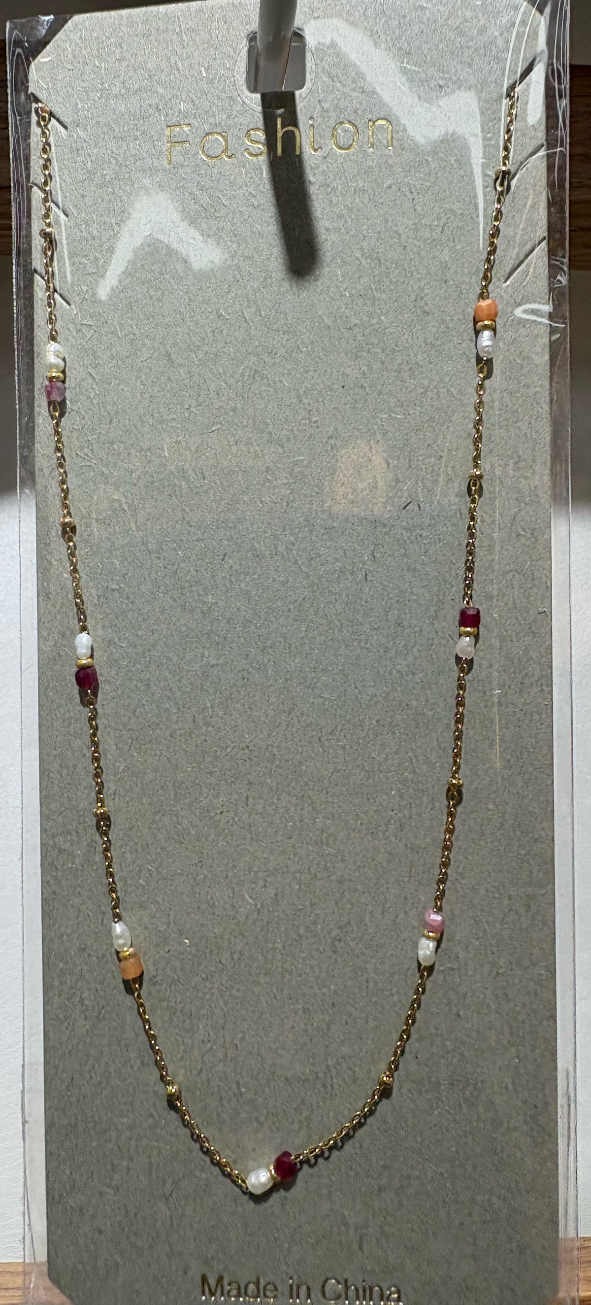 Pink Bead Long Chain Necklace - W14-0462