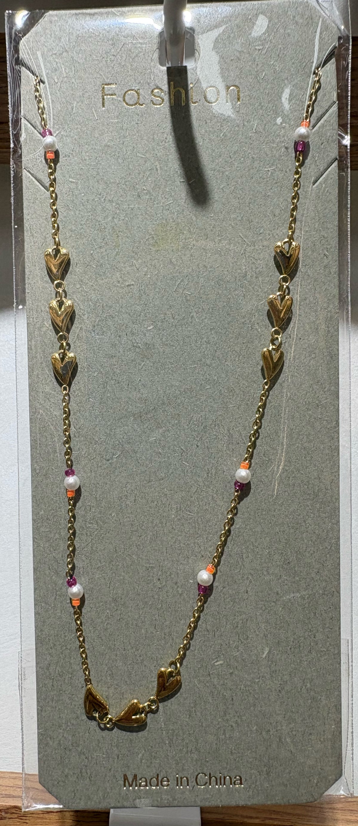 Pink Bead Heart Charm Necklace - W14-0470
