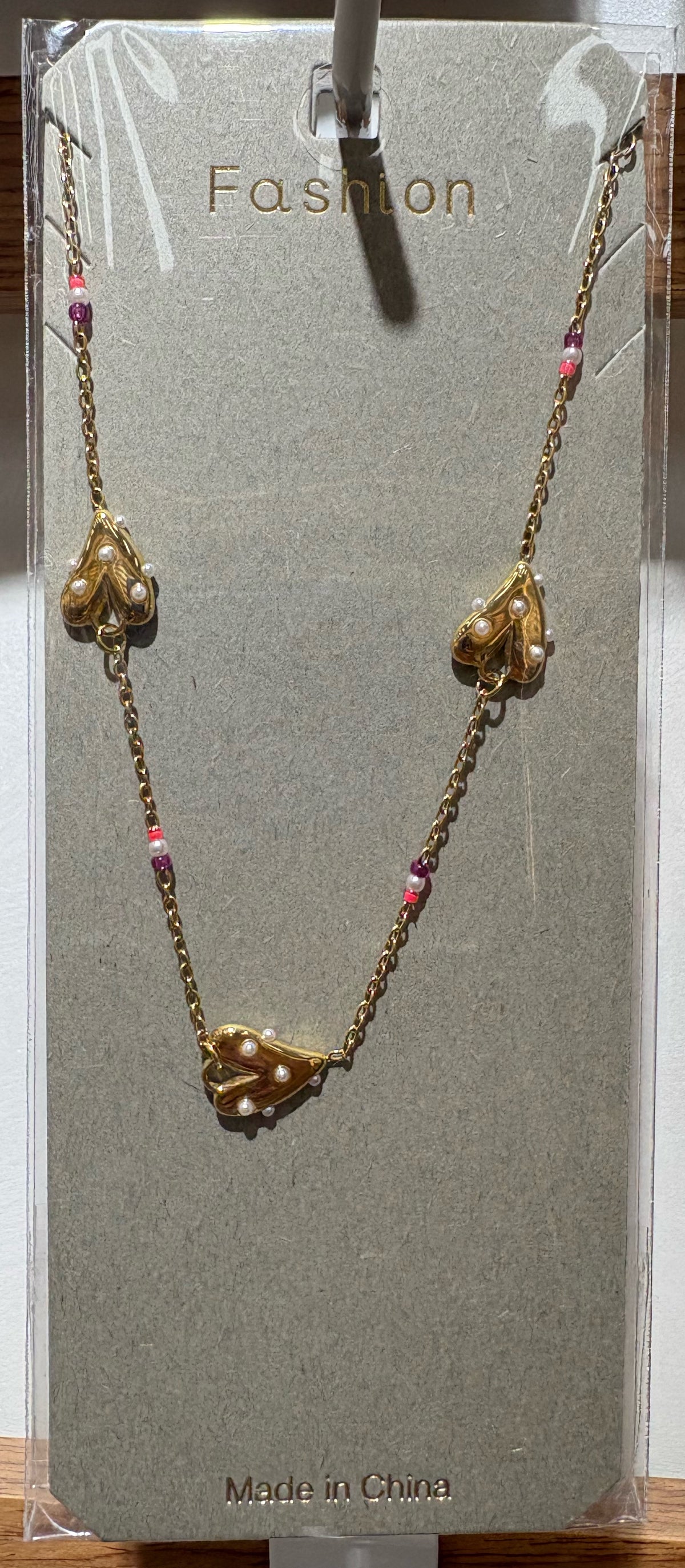 Pink Bead Puffy Heart Necklace - W14-0471