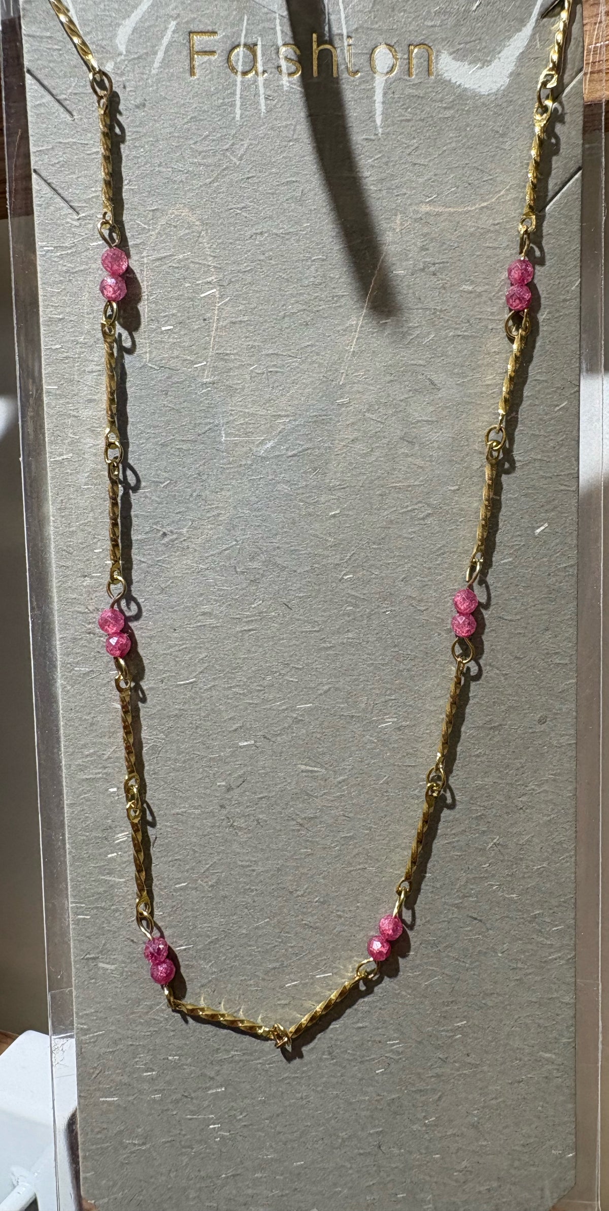 Pink Beaded Chain Necklace - W14-0472