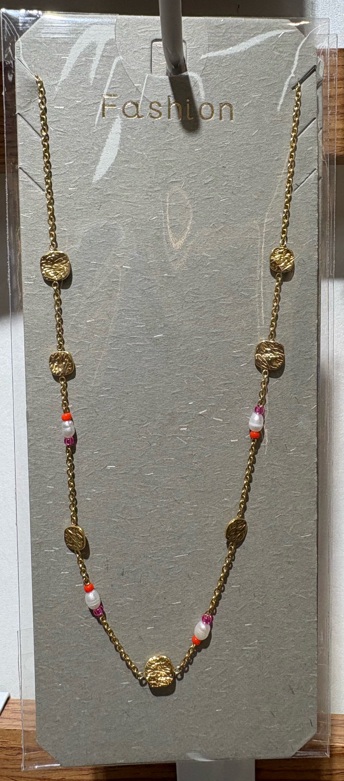 Pink Bead Round Charm Necklace - W14-0480