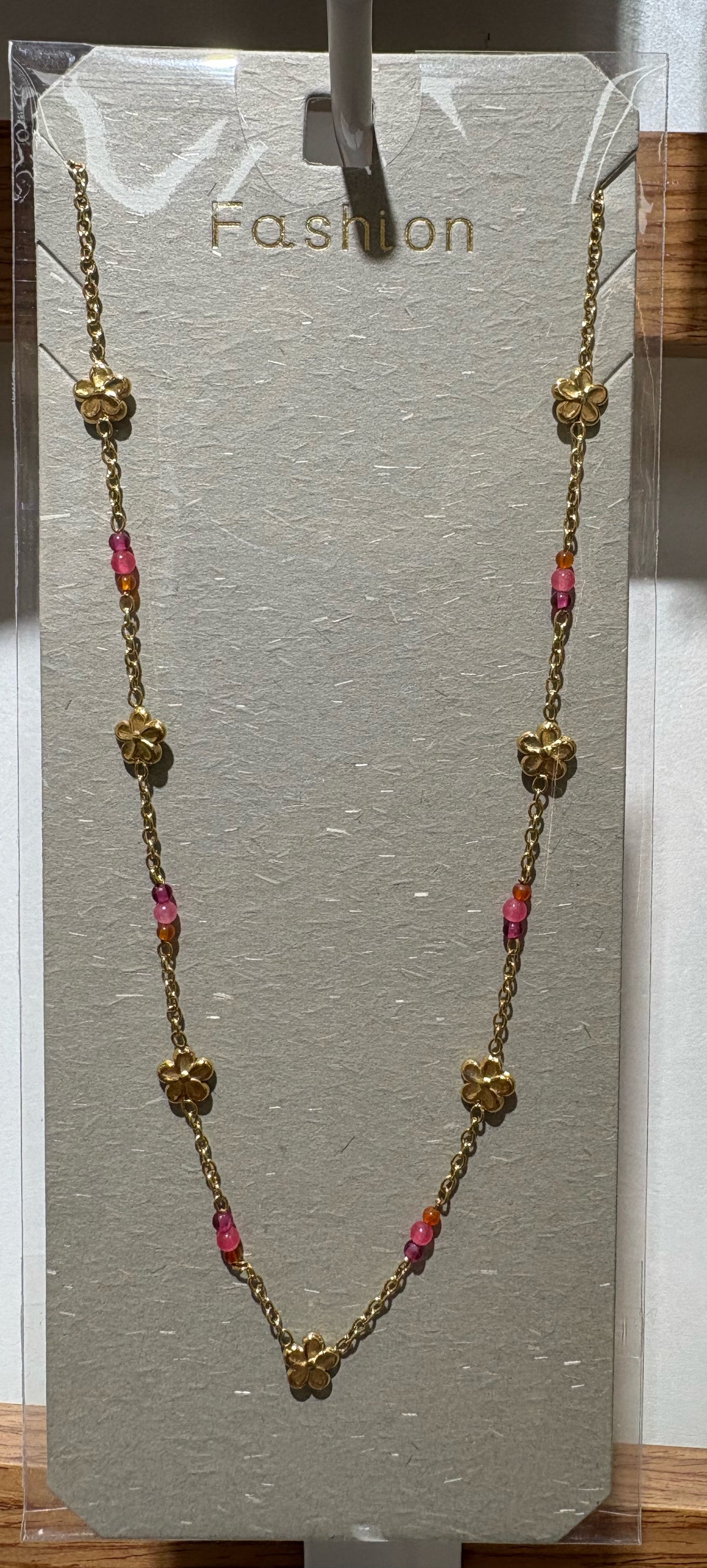 Pink Bead Round Charm Necklace - W14-0481